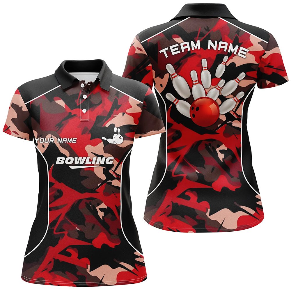 Frauen Bowling Polo Shirts - Maßgeschneidertes Bowlingball und Pins Rot Camo Bowling Team Trikot für Frauen Q6487 - Climcat