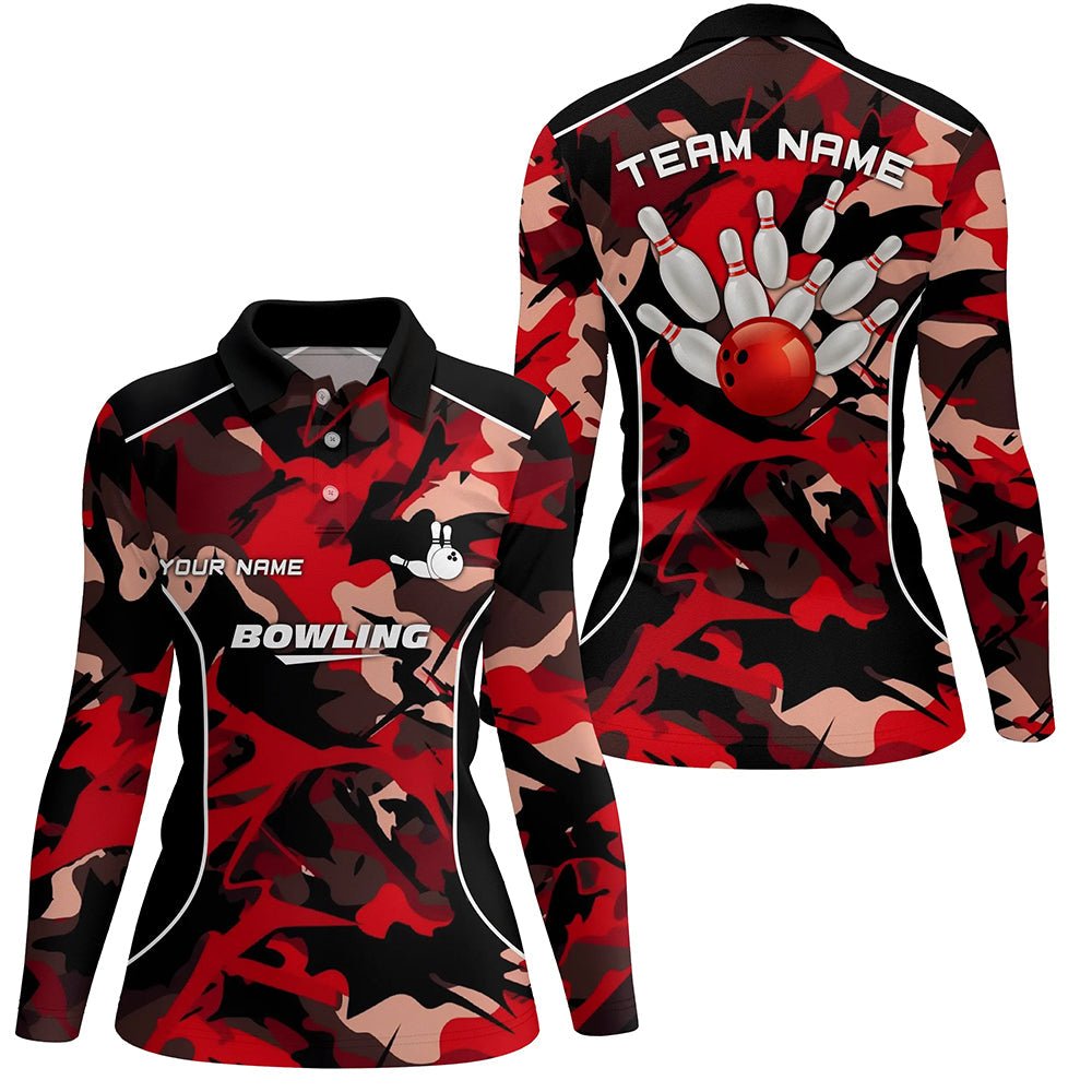 Frauen Bowling Polo Shirts - Maßgeschneidertes Bowlingball und Pins Rot Camo Bowling Team Trikot für Frauen Q6487 - Climcat