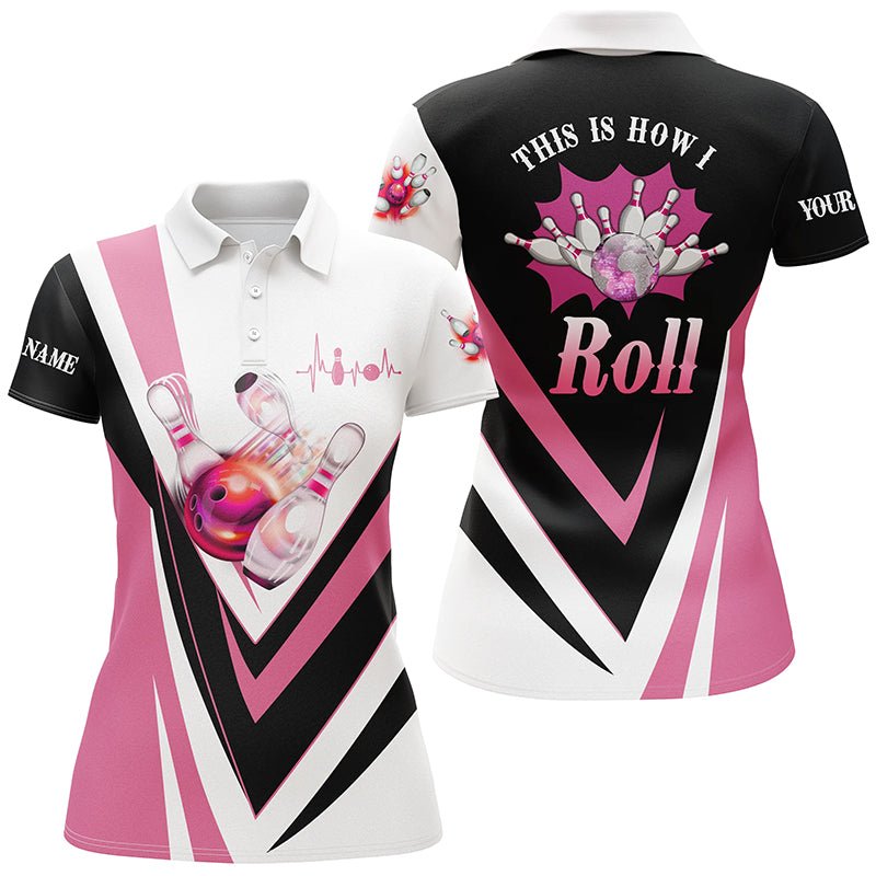 Frauen Bowling Polo Shirts - Personalisiertes Pinkes Bowlingkugel-Pins Design - So rolle ich - Bowling Team Trikot Q6385 - Climcat
