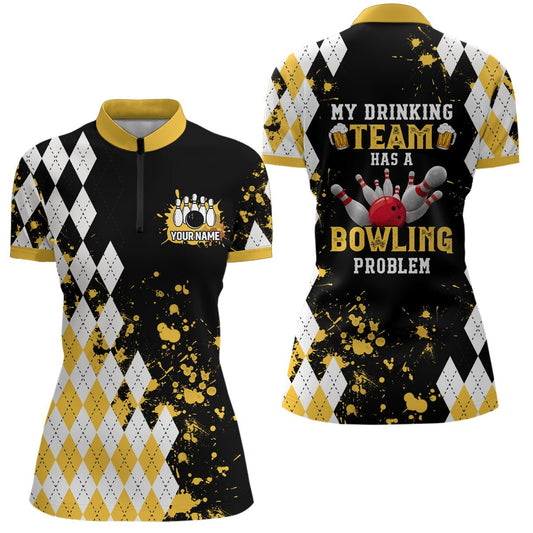 Gelbes Argyle Retro Bowling Quarter Zip Shirt für Damen individuell gestaltet - Mein Trinkteam hat ein Bowling-Problem Q6951 - Climcat