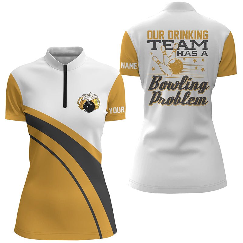 Gelbes Retro-Bowling-Bier-Viertelreißverschluss-Shirt für Frauen - Individuell gestaltet: Mein Trinkteam hat ein Bowling-Problem - Q6755 - Climcat