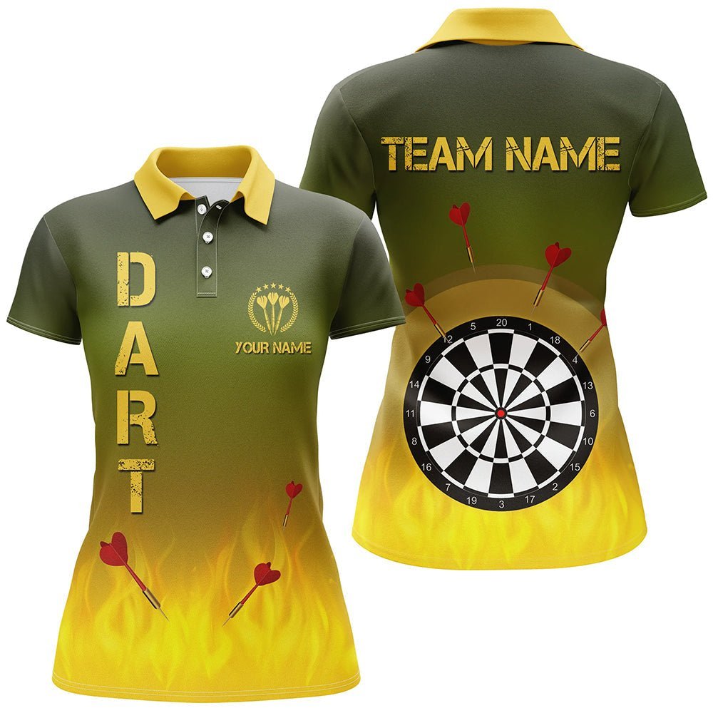 Gradient Grün Gelb Feuer Flamme Damen Darts Polo Shirts, individuell anpassbares Darts-Trikot für Frauen E732 - Climcat