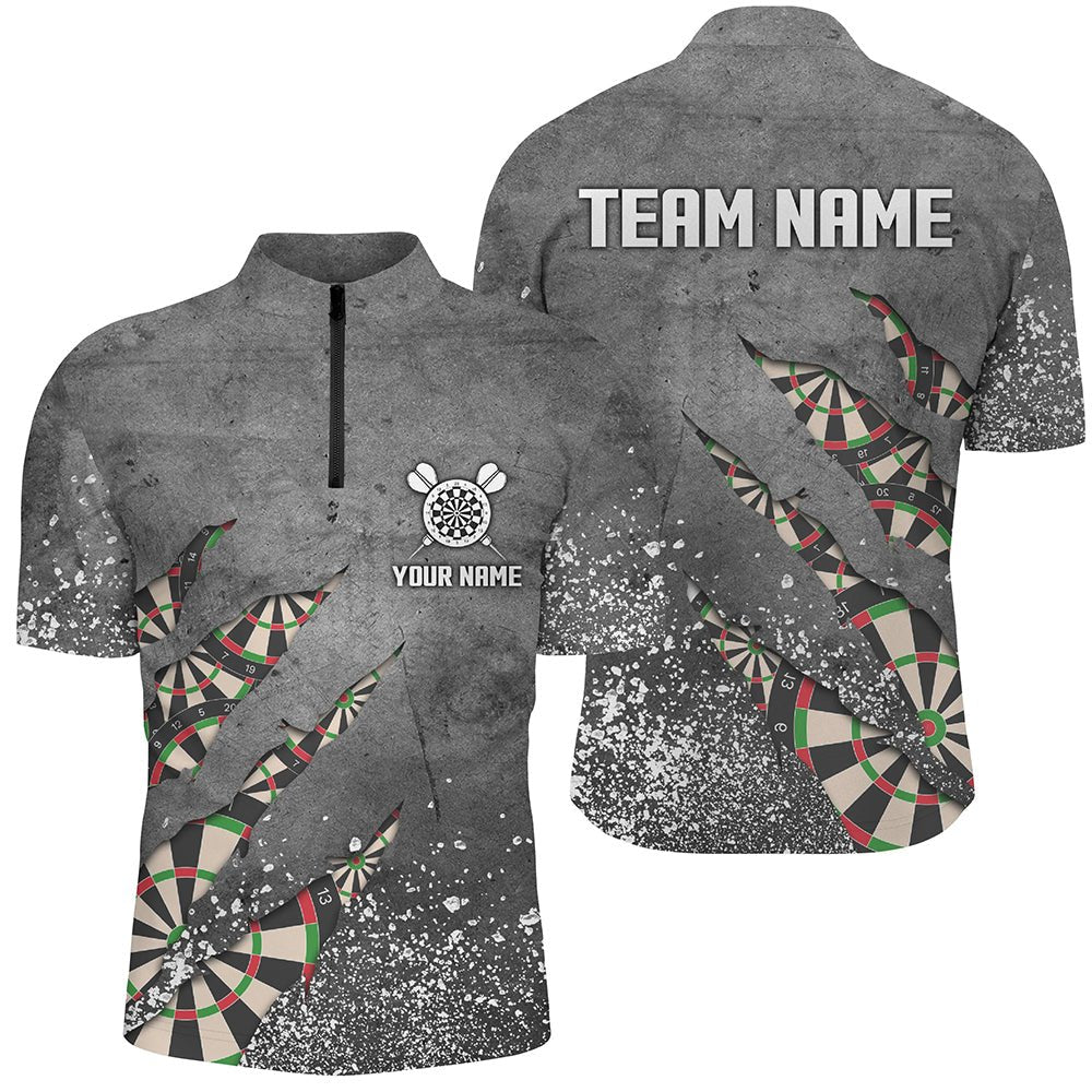 Graues Dart-Quarter-Zip-Shirt mit Farbspritzern, individuell anpassbare Dartshirts für Herren, Team-Darttrikots X763 - Climcat