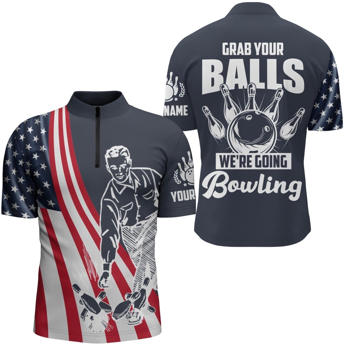 Greif dir deine Bälle, wir gehen bowlen! Viertelreißverschluss-Shirt, individuelles Bowling-Trikot für Herren, USA Bowling-Shirt D52 - Climcat