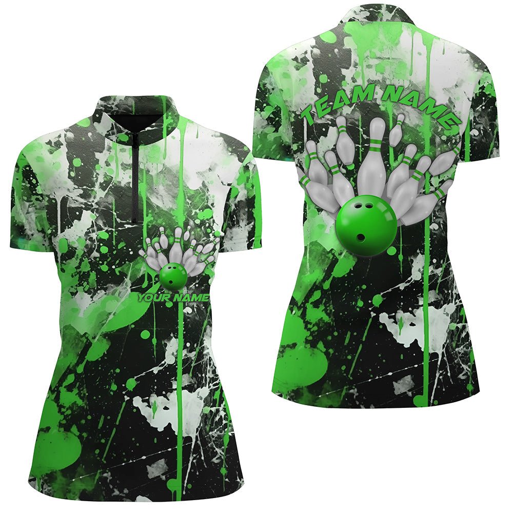 Grüne Camo Bowling Team Shirts Damen Viertelreißverschluss Shirts Individuelle Bowling Liga Trikots P5414 - Climcat