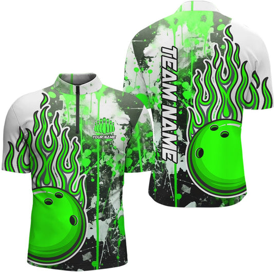 Grüne Camo Flame Bowling Quarter Zip Shirts für Herren - Personalisierte Bowling Team Trikots für Bowling Liga P5420 - Climcat