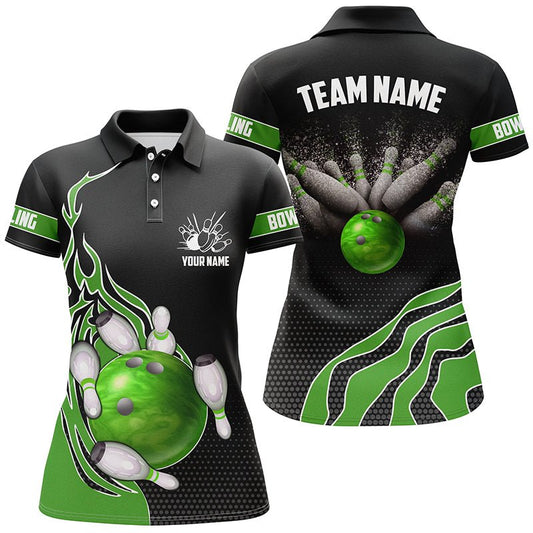 Grüne Flammen Bowling Polo Shirts für Damen, individuelle Bowling Team Trikots Bowler Outfits P5218 - Climcat