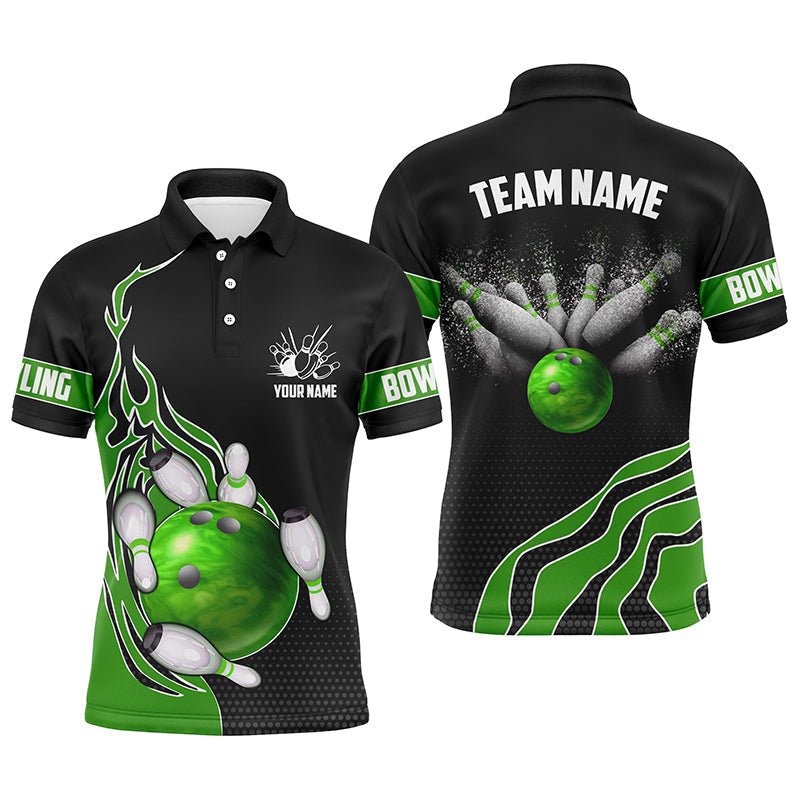 Grüne Flammen Bowling Polo Shirts für Herren Bowlingkugel, Individuelle Bowling Team Trikots Bowler Outfits P5218 - Climcat