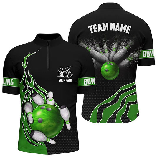 Grüne Flammen Bowling Polo Shirts für Herren Bowlingkugel, Individuelle Bowling Team Trikots Bowler Outfits P5218 - Climcat