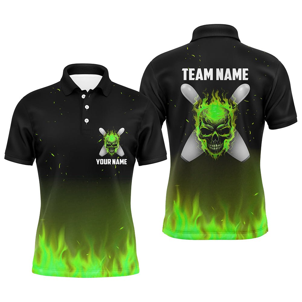 Grüne Flammen-Schädel Bowling Polo Shirts für Herren - Personalisierte Team Bowling Trikots - Halloween Outfits P5373 - Climcat