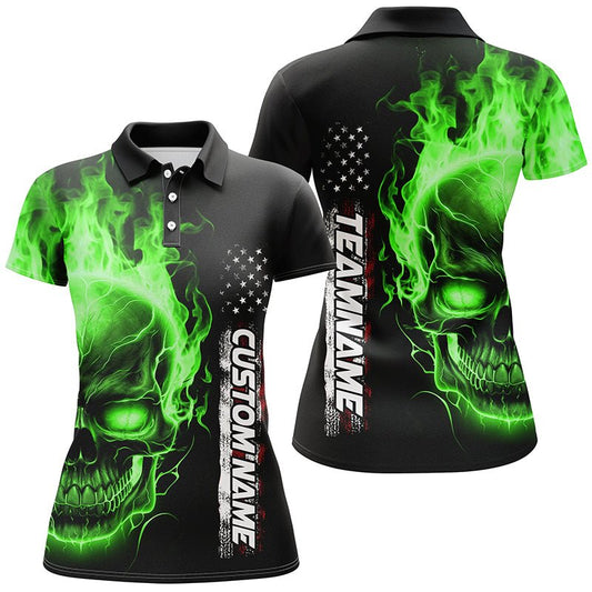 Grüne Flammen-Schädel Personalisierte Bowling-Polo-Shirts für Damen, Amerikanische Bowling-Team Trikots P5278 - Climcat