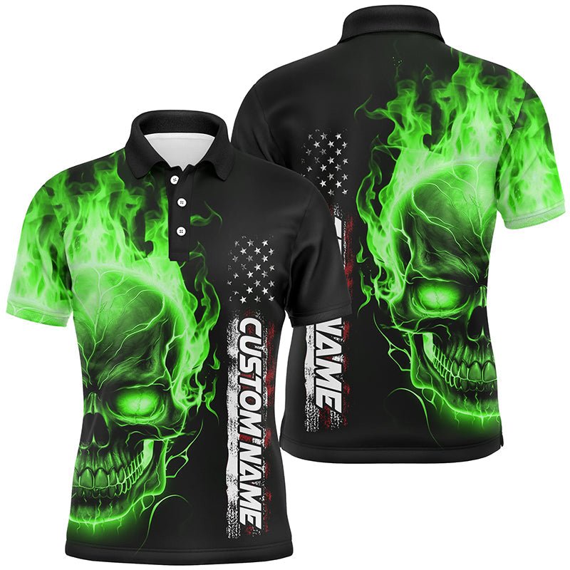 Grüne Flammen-Schädel Personalisierte Bowling-Polo-Shirts für Herren und Damen, Amerikanische Bowling-Team Trikots P5278 - Climcat