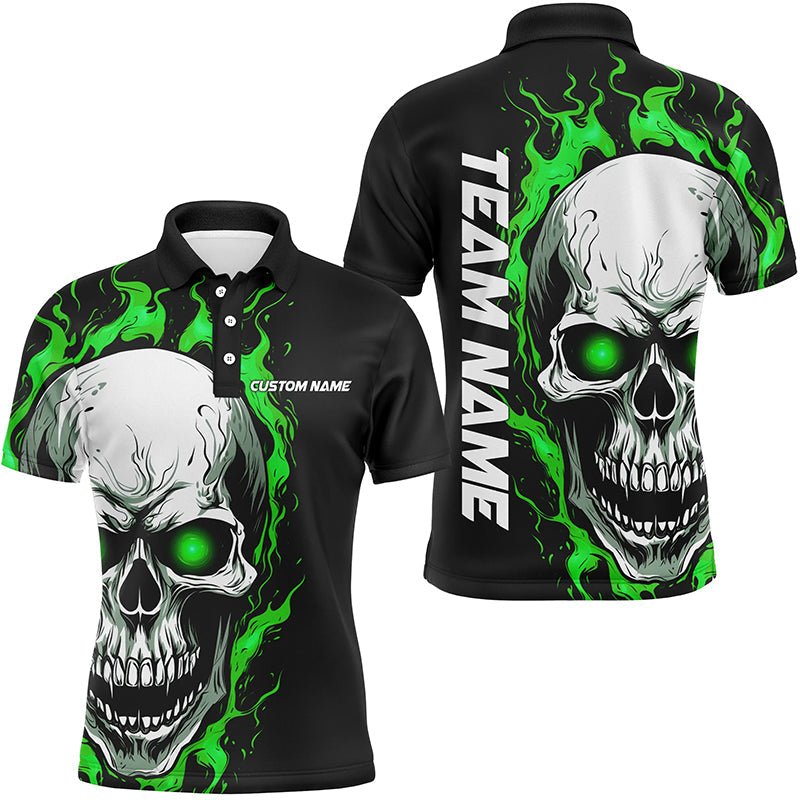 Grüne Flammen Totenkopf Sport Trikots, individuelle Team Bowling Polo Shirts für Herren, Bowler Outfits P5269 - Climcat