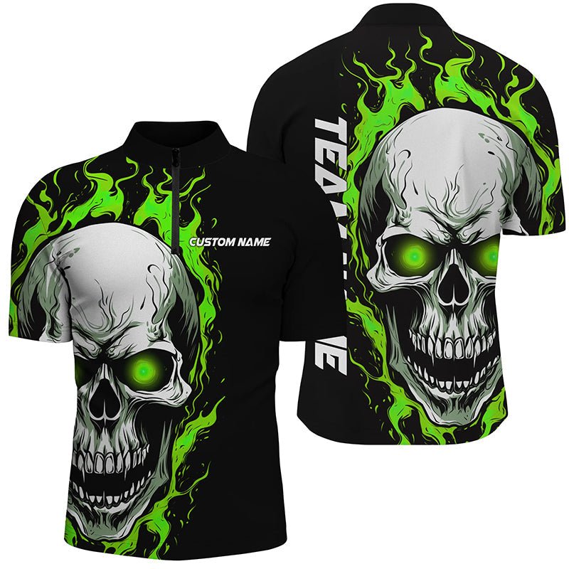 Grüne Flammen Totenkopf Sport Trikots, individuelle Team Bowling Quarter Zip Shirts für Herren, Bowler Outfits P5270 - Climcat