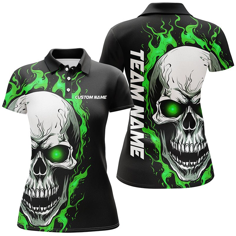 Grüne Flammen Totenkopf Sporttrikots, individuelle Team-Bowling-Poloshirts für Frauen, Bowler-Outfits P5269 - Climcat