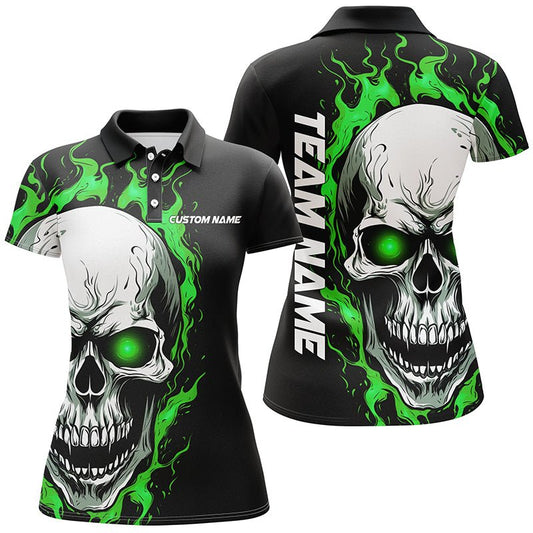 Grüne Flammen Totenkopf Sporttrikots, individuelle Team-Bowling-Poloshirts für Frauen, Bowler-Outfits P5269 - Climcat