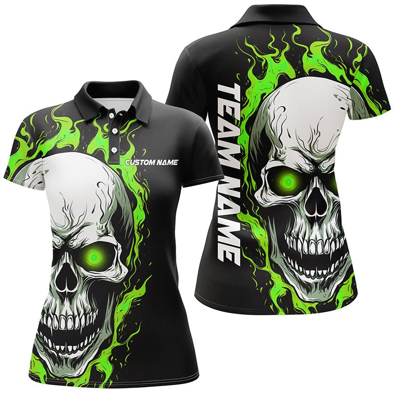 Grüne Flammen Totenkopf Sporttrikots, individuelle Team-Bowling-Poloshirts für Frauen, Bowler-Outfits P5270 - Climcat