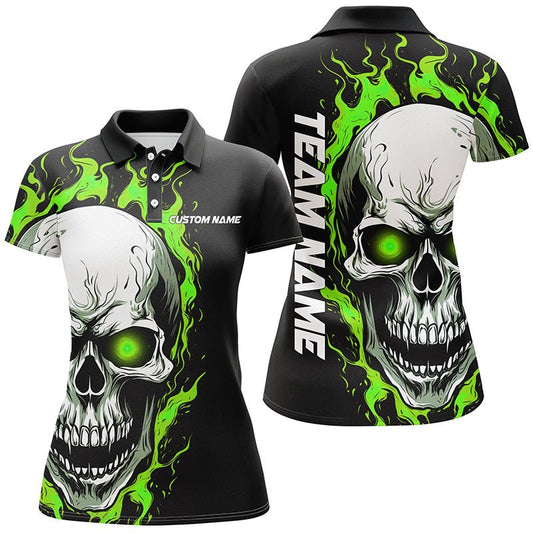 Grüne Flammen Totenkopf Sporttrikots, individuelle Team-Bowling-Poloshirts für Frauen, Bowler-Outfits P5270 - Climcat