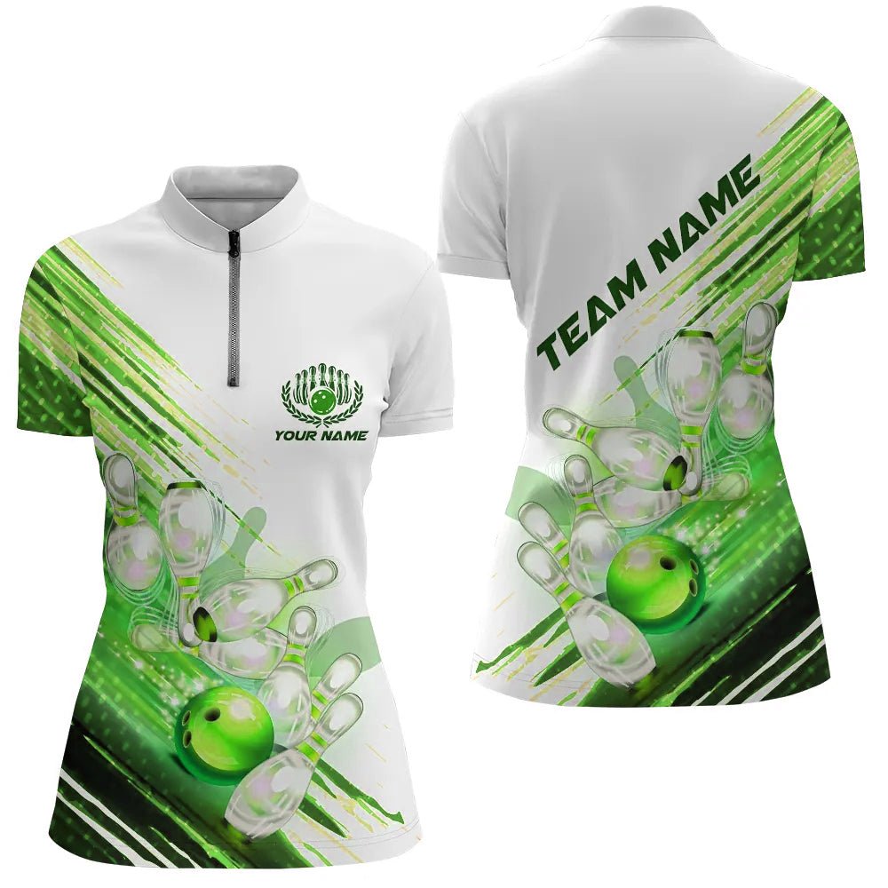 Grüne maßgeschneiderte Bowling-Shirts für Damen - Viertelreißverschluss Bowling-Shirts für Frauen - Maßgeschneiderte Bowling-Trikots für Teams P5371 - Climcat