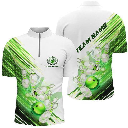 Grüne maßgeschneiderte Bowling-Shirts für Herren - Bowling-Quarter-Zip-Shirts - Personalisierte Team-Bowling-Trikots P5371 - Climcat