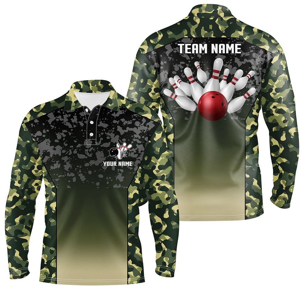 Grüne Tarnmuster Bowling-Polo-Shirts für Herren - Personalisierte Team-Shirts und Bowling-Trikots, Geschenke für Bowler Q6939 - Climcat