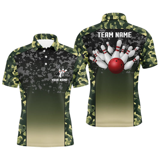 Grüne Tarnmuster Bowling-Polo-Shirts für Herren - Personalisierte Team-Shirts und Bowling-Trikots, Geschenke für Bowler Q6939 - Climcat