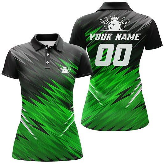 Grüne und schwarze Damen-Poloshirts mit kurzen Ärmeln - Personalisierte Bowling-Shirts für Frauen, Team-Bowlingtrikots Q6476 - Climcat