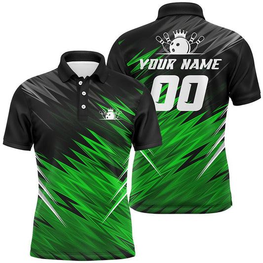 Grüne und schwarze Herren-Poloshirts mit kurzen Ärmeln - Personalisierte Bowling-Shirts für Männer, Team-Bowlingtrikots Bowler Q6476 - Climcat