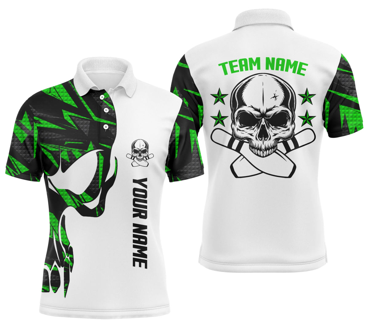 Grüne und weiße Bowling-Poloshirts für Herren mit individuellem Namen, Teamnamen Skull Bowling, Team-Bowling-Shirt Q4699 - Climcat