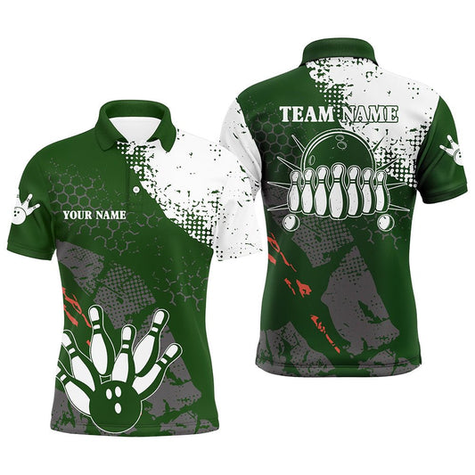 Grüne und weiße Herren Polo Bowling Shirts - Individuell gestaltete Retro Bowlingkugel Pins - Bowling Team Liga Trikots Q6501 - Climcat