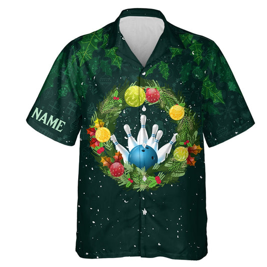 Grüner Weihnachtskranz Herren Bowling Knopf Hawaiihemd individuelle Bowling-Knopfleiste Q6856 - Climcat