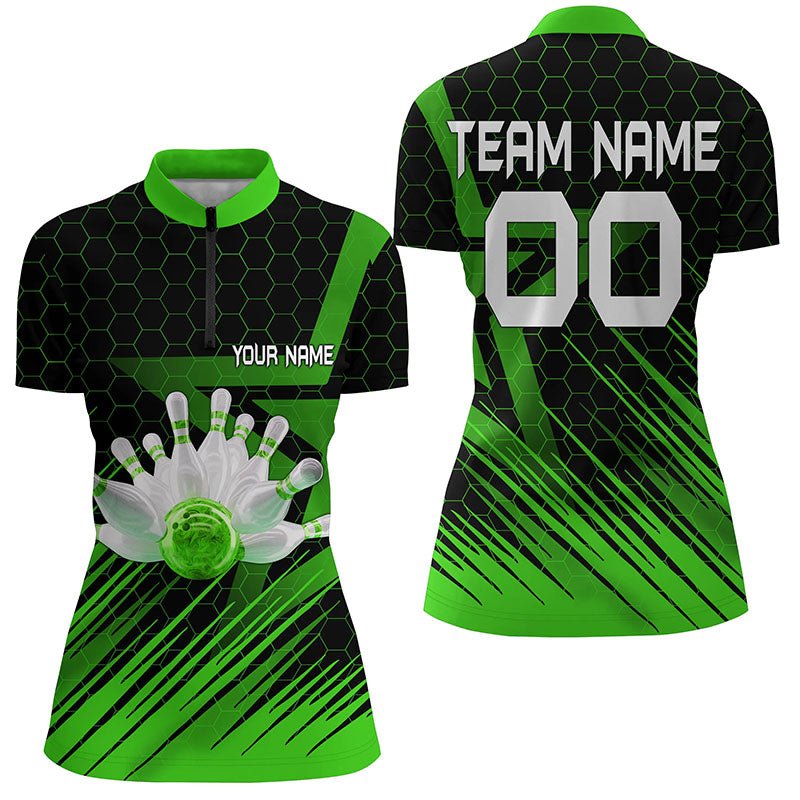 Grünes Bowling-Shirt für Damen - Personalisiertes Viertelreißverschluss-Bowlingtrikot - 3D-Bowling-Teamshirt für Damen Q6225 - Climcat
