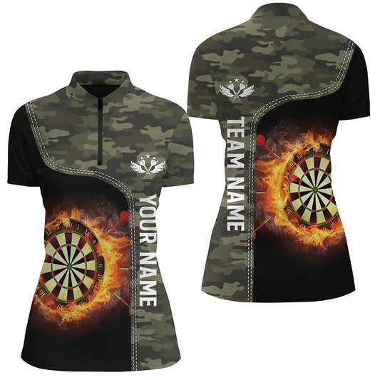 Grünes Camouflage-Flammen-Darts-Board-Quarter-Zip-Shirt, individuell anpassbares Darts-Shirt für Frauen, Dart-Trikot A774 - Climcat
