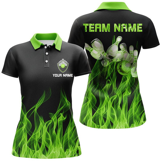 Grünes Flammen Damen Bowling Polo Shirt schwarz - Personalisierte Bowling Team Shirts Q6034 - Climcat