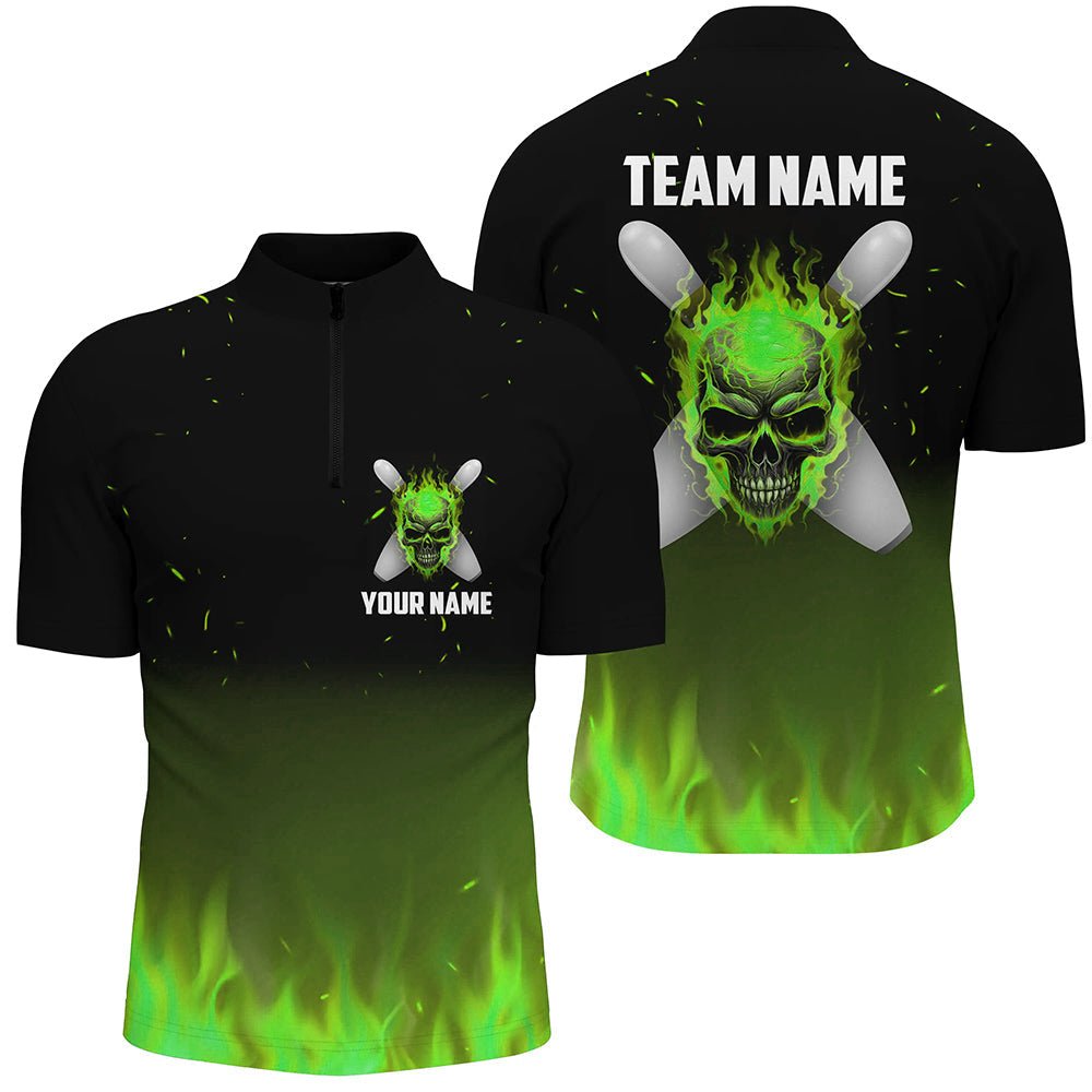 Grünes Flammen-Schädel-Bowling-Quarter-Zip-Shirt für Herren - Individuelle Bowling-Trikots für Teams - Halloween-Outfits P5373 - Climcat