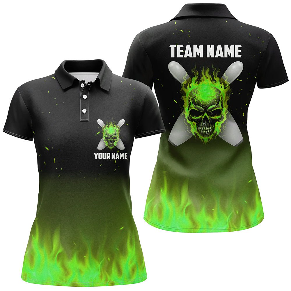 Grünes Flammen-Schädel Damen Bowling Polo Shirt | Individuelle Team Bowling Trikots | Halloween Outfits P5373 - Climcat