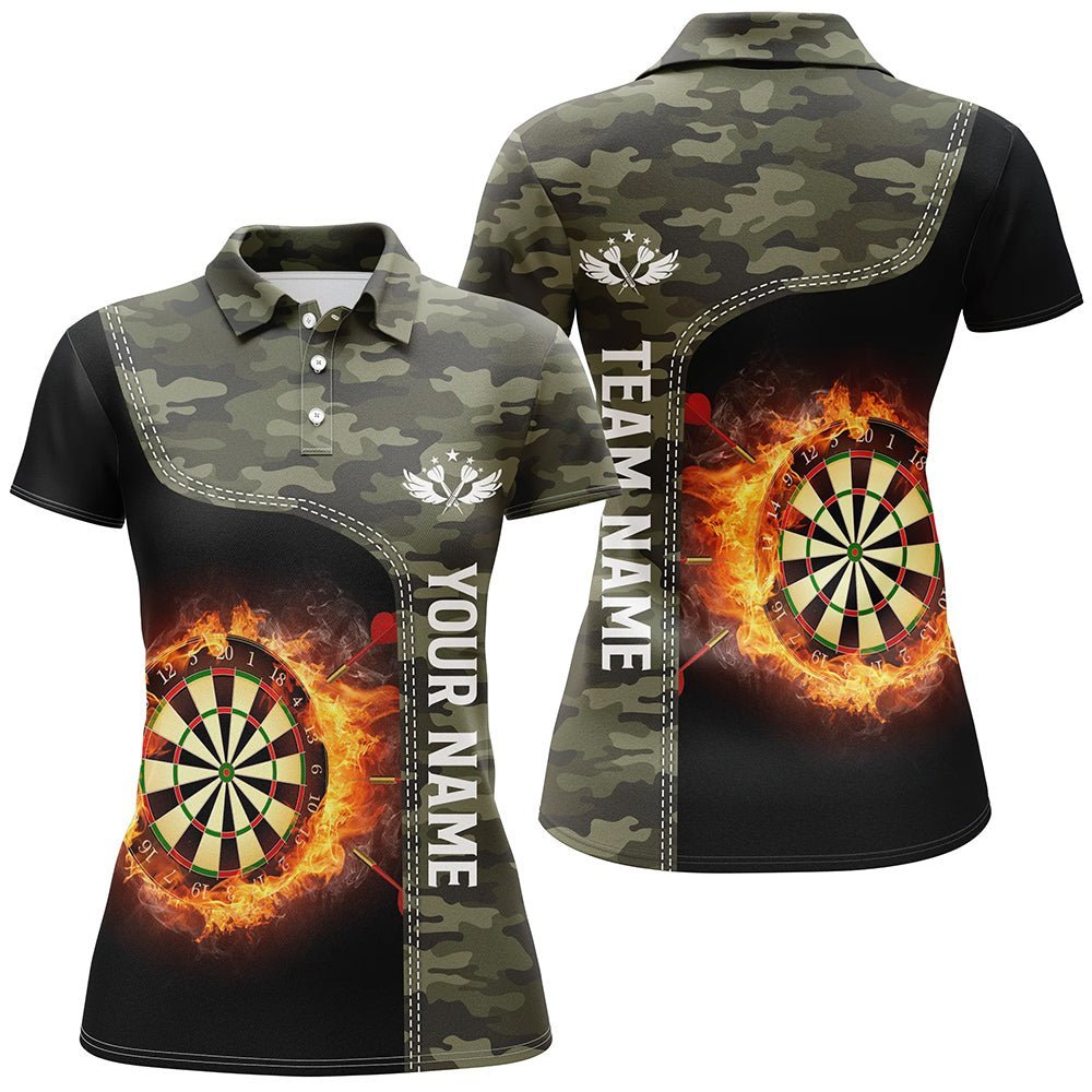 Grünes Tarnmuster Damen Polo Shirt mit Flammen Dartscheibe, individuell anpassbares Darts Shirt für Frauen Dart Trikot B707 - Climcat