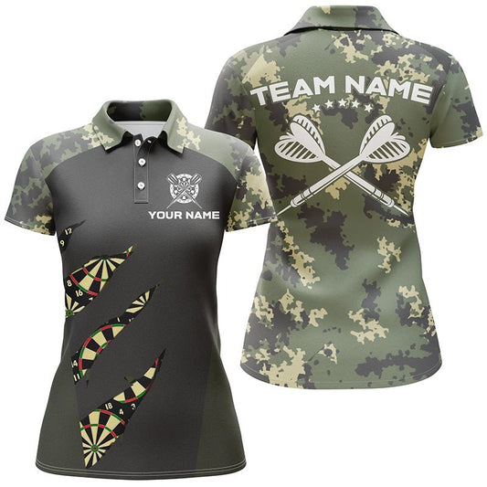 Grünes Tarnmuster Darts Polo Shirt, individuell anpassbares Tarnmuster Darts Shirt für Frauen, Darts Team Trikot F459 - Climcat