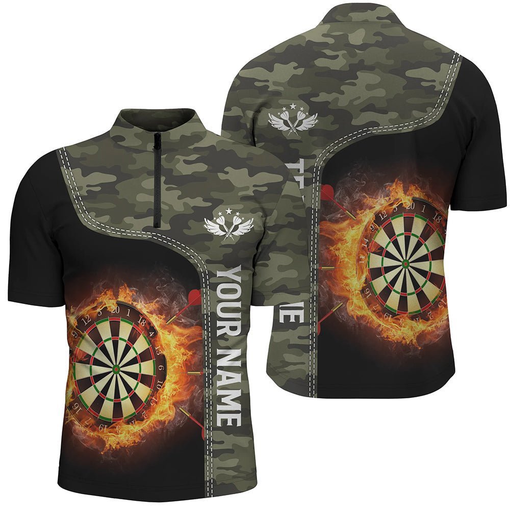 Grünes Tarnmuster-Flammen-Dartsboard-Herren-1/4-Zip-Shirt, individuell anpassbares Darts-Shirt für Männer Dart-Trikot R948 - Climcat