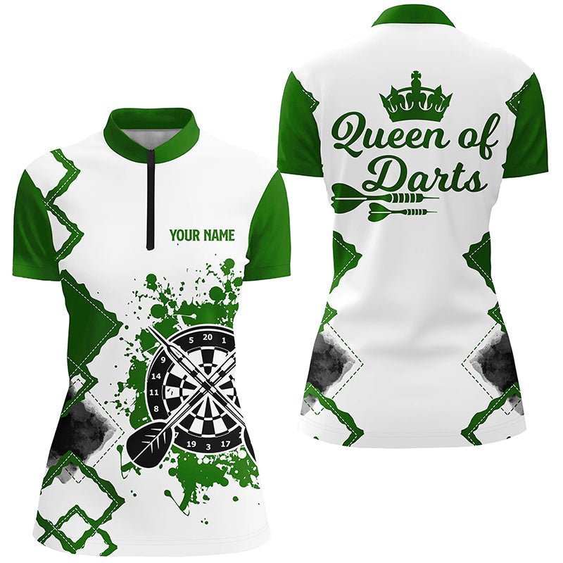 Grünes und weißes Darts-Quarter-Zip-Shirt für Damen, individuell anpassbares cooles Darts-Trikot 'Queen of Darts' Y896 - Climcat