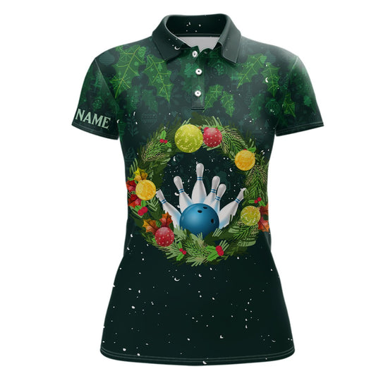 Grünes Weihnachtskranz Damen Bowling Polo Shirt individuelles grünes Muster Weihnachts-Bowling-Tops Q6856 - Climcat