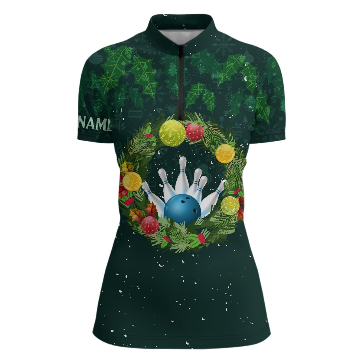 Grünes Weihnachtskranz Damen Bowling Quarter-Zip Shirt individuelles grünes Muster Weihnachts-Bowling-Oberteil Q6856 - Climcat