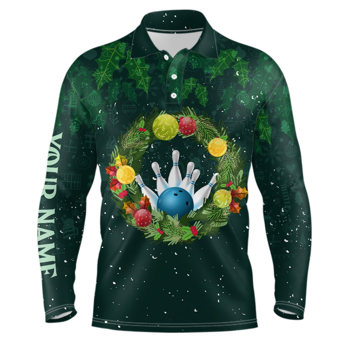 Grünes Weihnachtskranz Herren Bowling Polo Shirt individuelles grünes Muster Weihnachts-Bowling-Tops Q6856 - Climcat