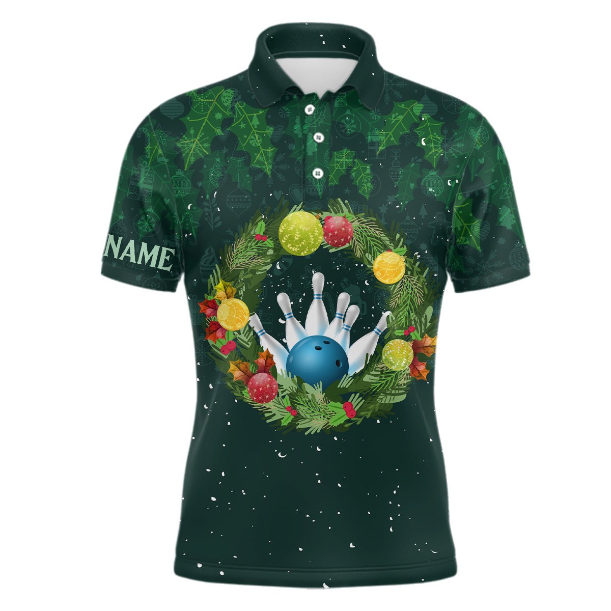 Grünes Weihnachtskranz Herren Bowling Polo Shirt individuelles grünes Muster Weihnachts-Bowling-Tops Q6856 - Climcat