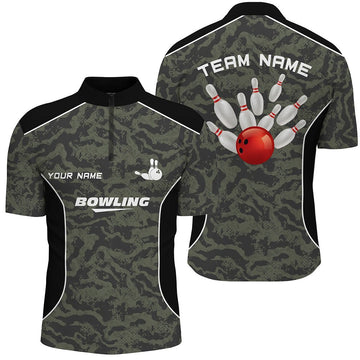 Herren Bowling 1/4 Zip Shirt mit individuell anpassbarer Bowlingkugel und Pins, Camo Bowling Team Trikot für Männer - Climcat