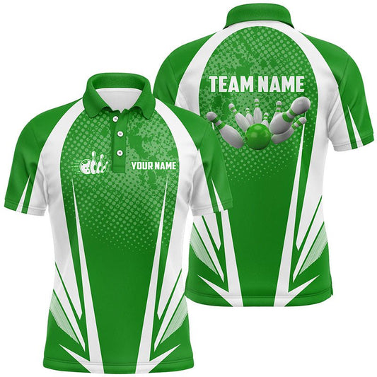 Herren Bowling Kurzarm Polo - Individuelles Bowlingkugel und Pins Design - Grün-Weißes Team - Herren Bowler Trikot Q5965 - Climcat