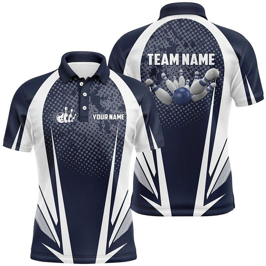 Herren Bowling Kurzarm Polo Individuelles Bowlingkugel- und Pins-Design Navy und Weiß Team Herren Bowlers Trikots Q5964 - Climcat