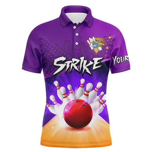 Herren Bowling Kurzarm Polo - Individuelles Bowlingkugel und Pins Strike Lila Team - Herren Bowler Trikots Q5948 - Climcat