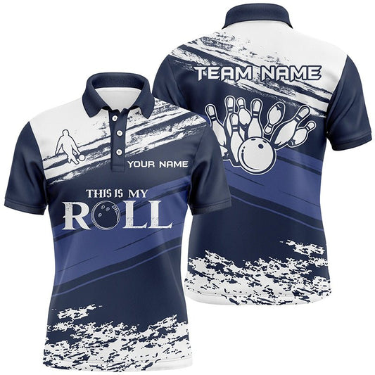 Herren Bowling Kurzarm Polo Shirt mit individuellem Namen in Marineblau und Weiß - Team Herren Bowlers Trikot "This is my roll" Q5869 - Climcat