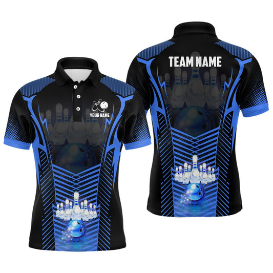 Herren Bowling Polo Shirt individuell gestaltetes Bowlingkugel- und Pins-Team-Liga-Trikot, Geschenke für Bowler | Blau Q7071 - Climcat